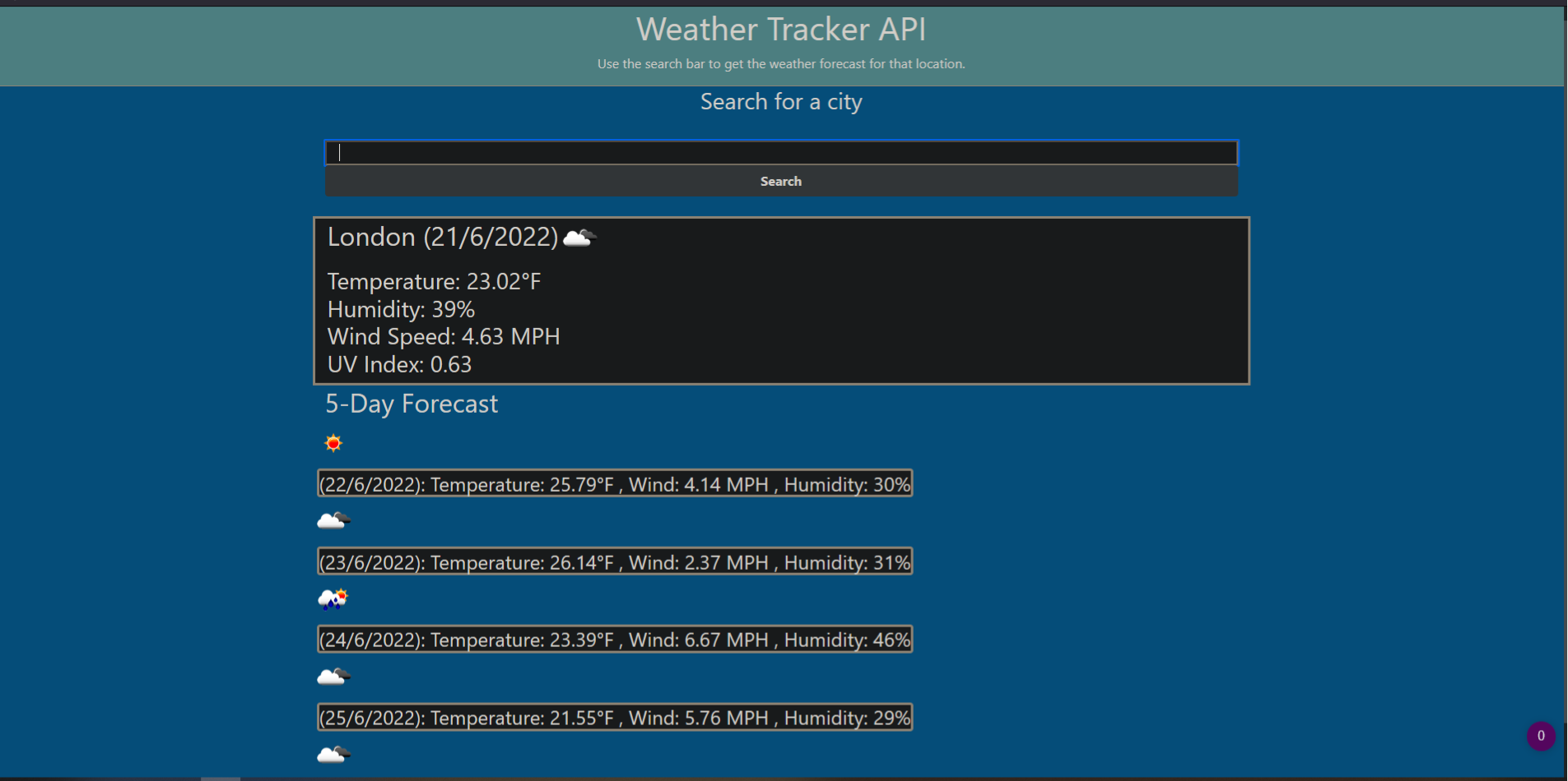 Weather API website screenshot